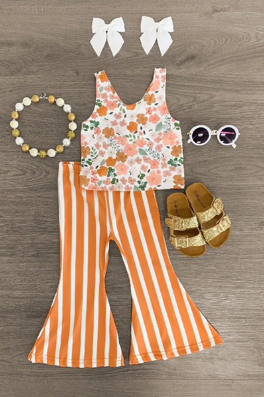 Orange Striped Floral Bell Bottom Set Lumberjack