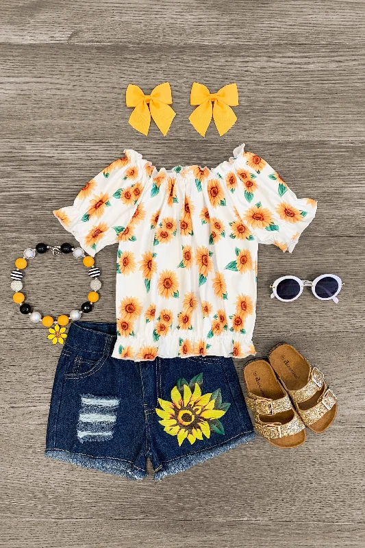 White Sunflower Distressed Denim Short Set Masculine Men's 