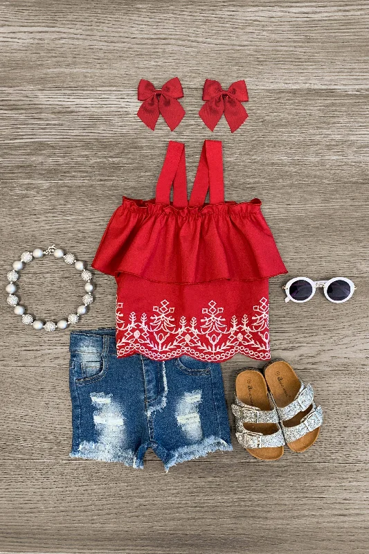 Red Embroidery Tank Distressed Short Set Cozy Men's Winter