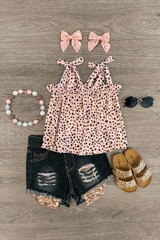 Tan Cheetah Tie Top & Sequins Denim Short Set Hip Men's Urban