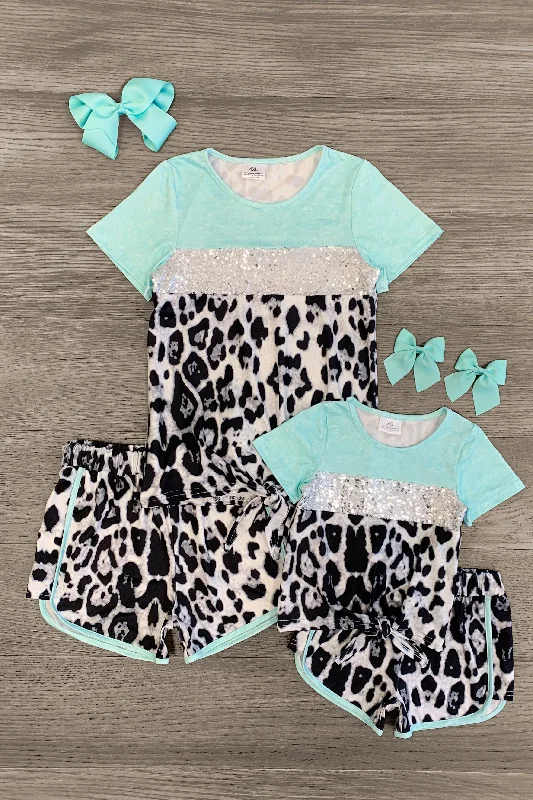 Mom & Me - Mint Sequin Cheetah Lounge Short Set Tough Men's Tactical