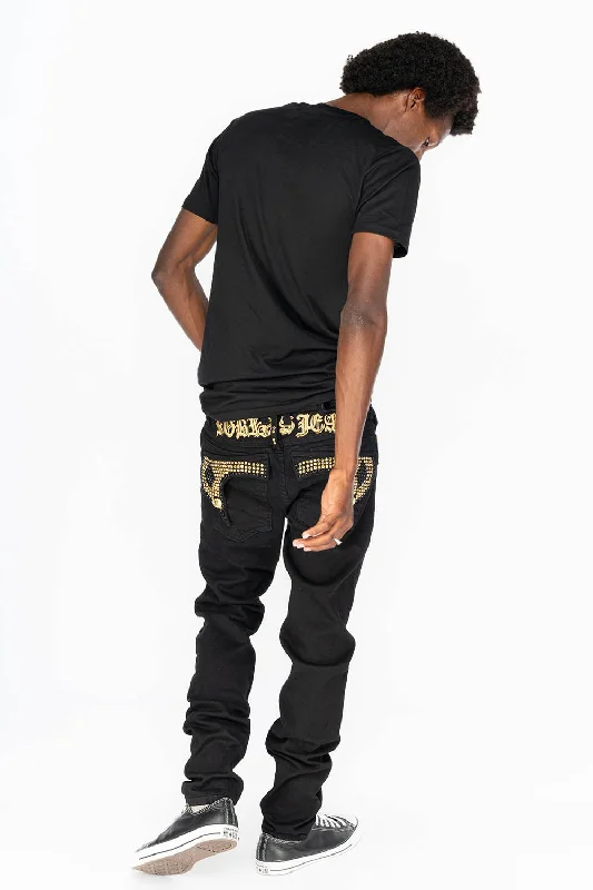 KILLER FLAP MENS SKINNY JEANS IN PURE BLACK WITH GOLD GOTHIC EMBROIDERY AND FULL BLACK & GOLD CRYSTALS Dynamic Men's High