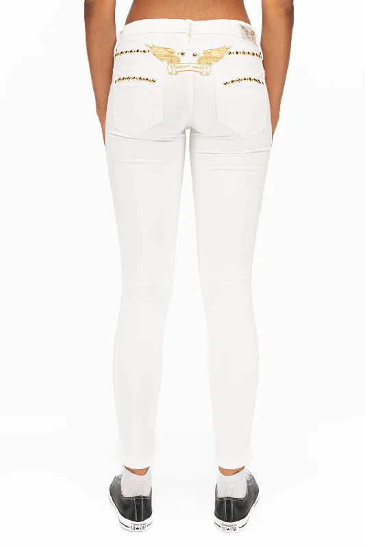 MARILYN WOMENS STUDDED SKINNY JEANS IN WHITE WITH GOLD WINGS AND GOLD STUDS AND CRYSTALS Polished Men's Silk