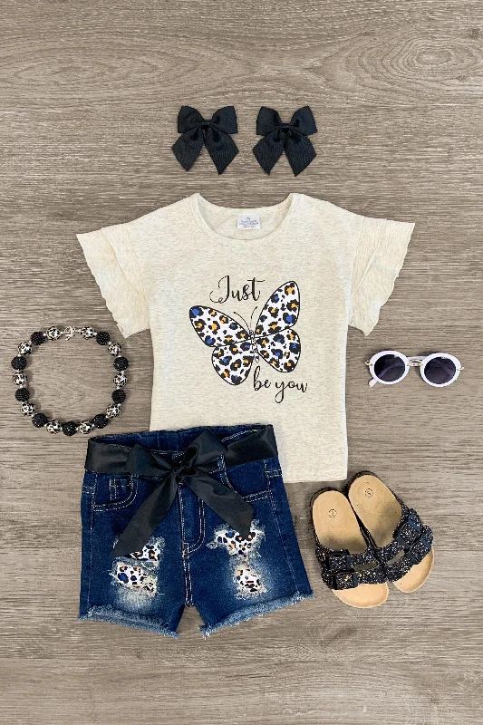 "Just Be You" Leopard Butterfly Denim Short Set Monochromatic Office Style