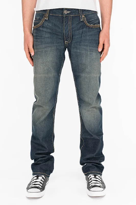 MENS CLASSIC 5 POCKET STRAIGHT LEG JEANS IN SMOKY DARK WITH STUDS Trendy Men's Bucket