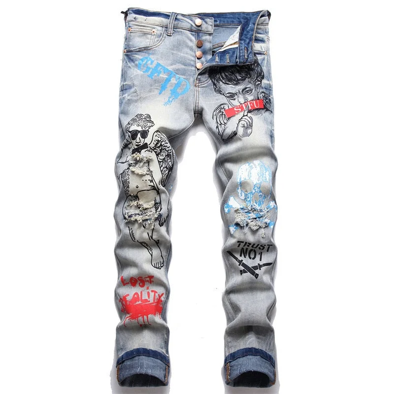 Men's Slogan Character Skull Printed Button Fly Holes Ripped Stretch Jeans Dapper Men's Bow