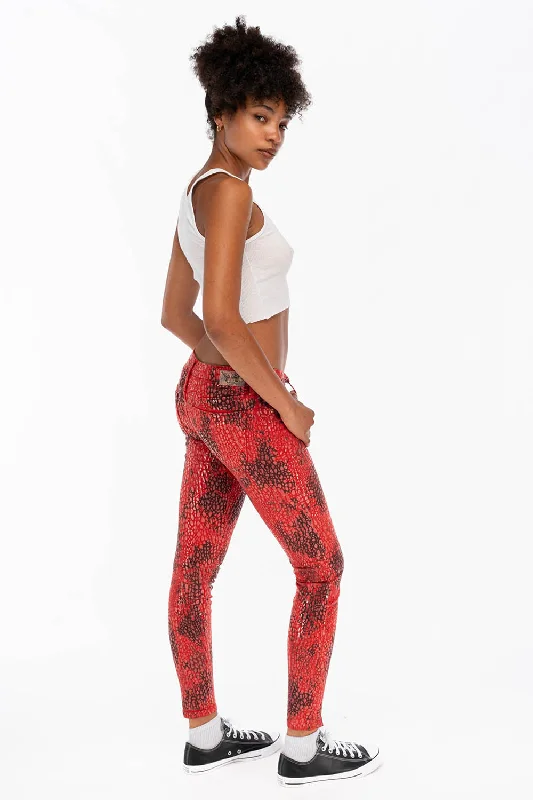 MARILYN LOW RISE WOMENS SKINNY JEANS IN AQUARIUM RED WITH TONAL WINGS Earthy Men's Sustainable 