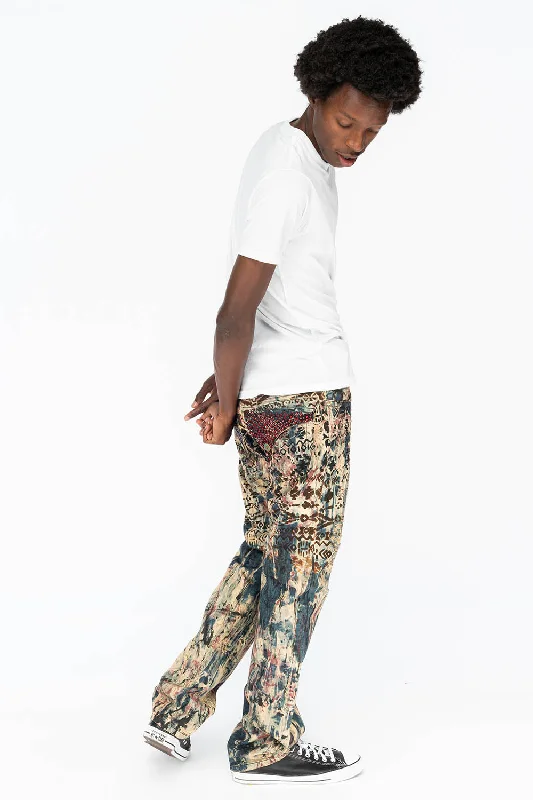 MENS CLASSIC STRAIGHT LEG LONG FLAP POCKET JEANS WITH RED CRYSTALS IN APACHE BROWN Stylish Men's Tropical 