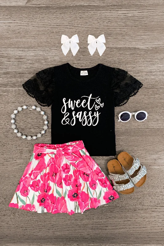 "Sweet & Sassy" Black & Pink Floral Skirt Set Trendy Men's Scandinavian