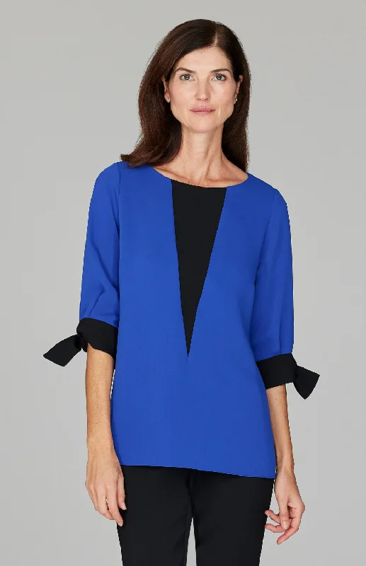 Lustrous Crepe 3/4 Sleeve Blouse w/ Tie Cuff and V Inset Dynamic Men's High
