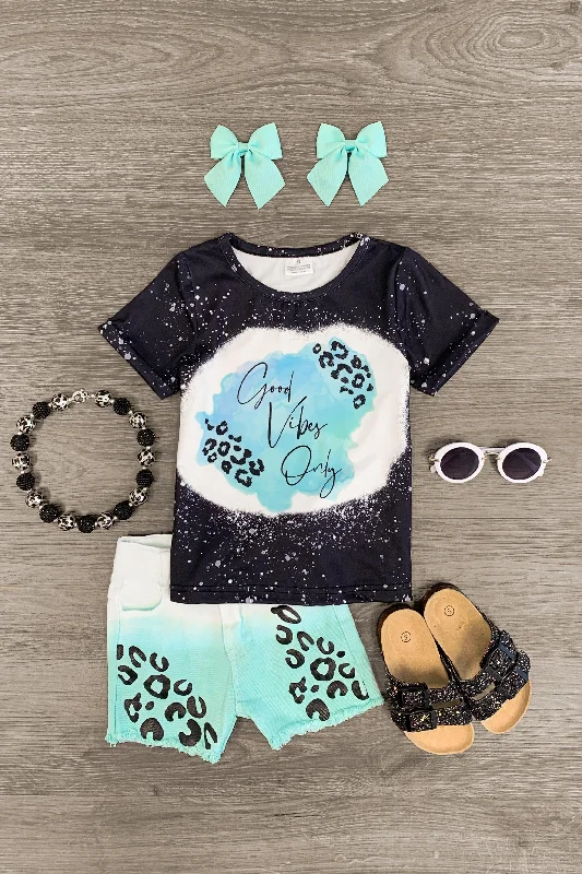 "Good Vibes Only" Mint Cheetah Denim Short Set Monochromatic Office Style
