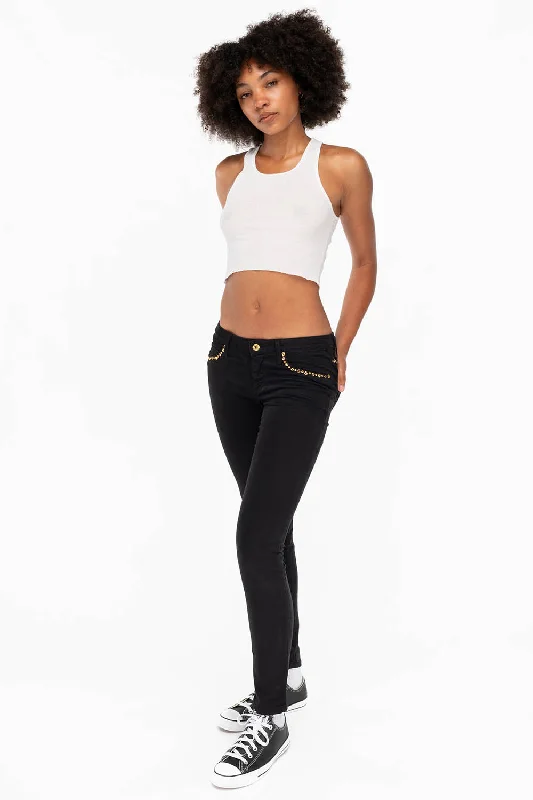 MARILYN WOMENS STUDDED SKINNY JEANS IN BLACK GOLD LOGO AND CRYSTALS Tough Men's Military
