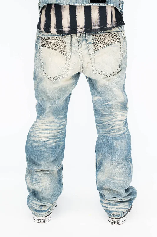 VINTAGE INDIGO DISTRESSED ,RIPPED JEAN WITH WHITE CONTRAST STICH IN OMAHA BROKEN WASH WITH CRYSTALS Elegant Men's Cashmere