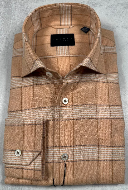 Calder Carmel Melange Herringbone Brushed Twill Windowpane Sport Shirt in Salmon Cclassic Men's Tweed
